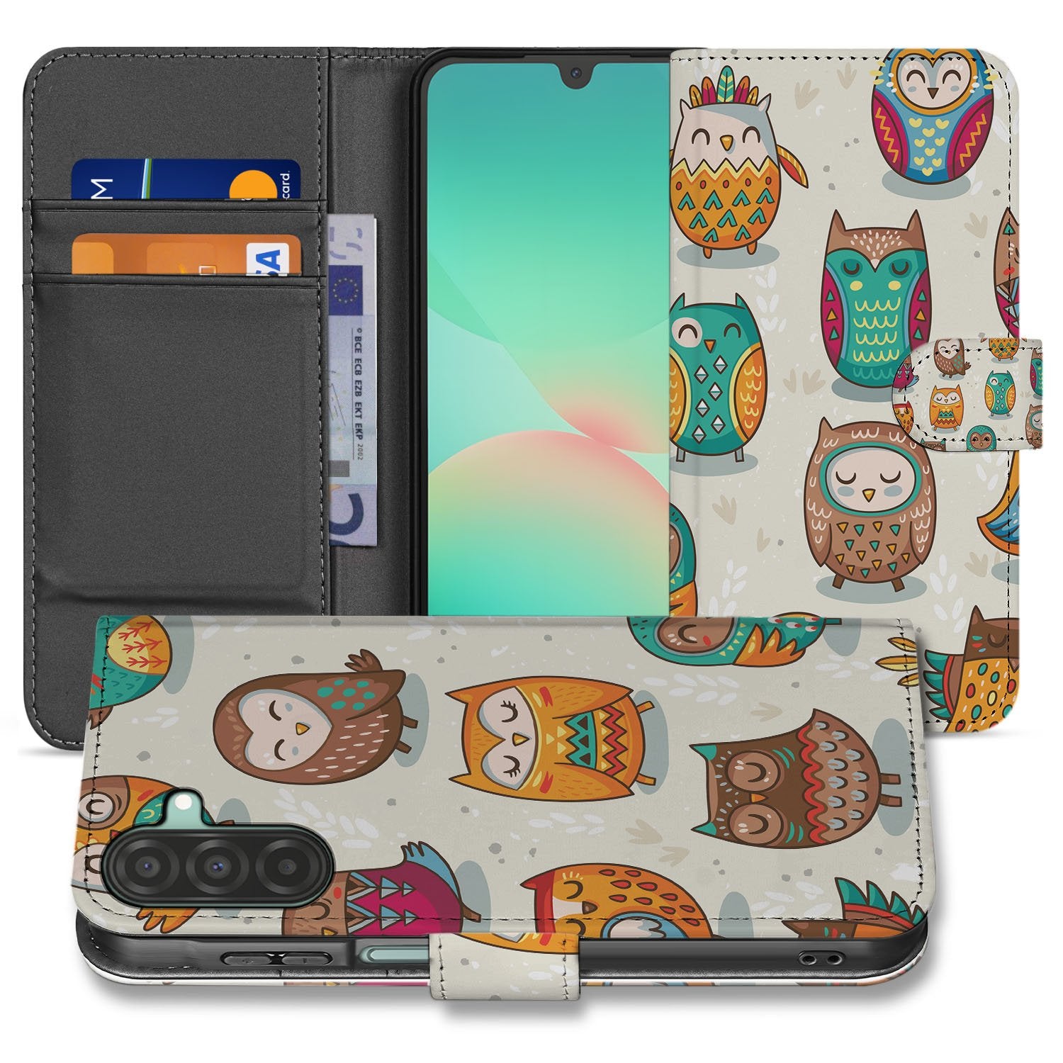 Samsung Galaxy A17 Telefoonhoesje met Pasjes Vrolijke Uilen