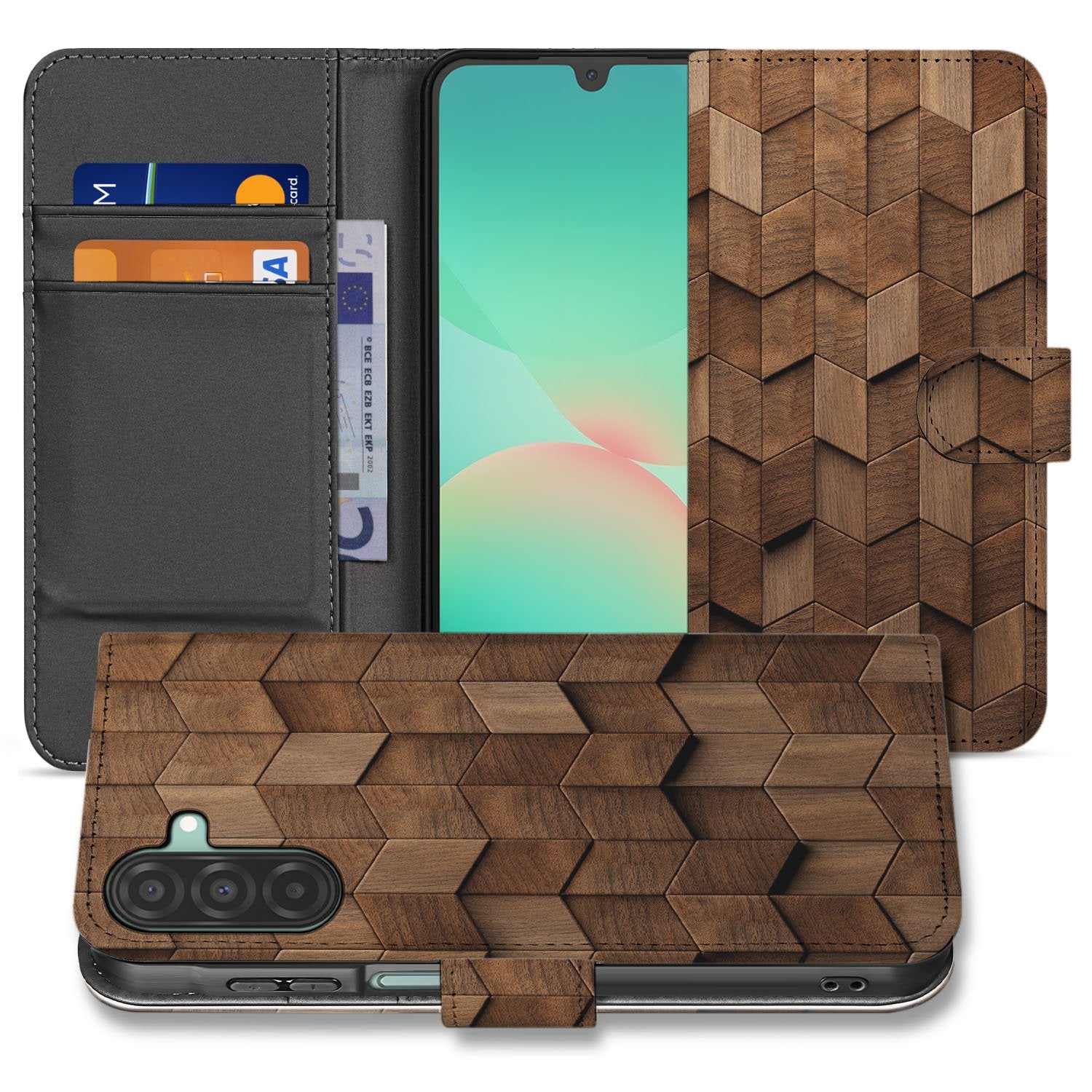 Book Style Hoes Voor Samsung Galaxy A17 Wooden Cubes Houtprint Bruin