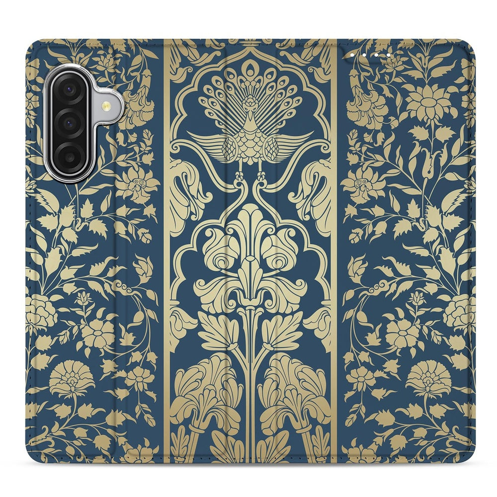 Samsung Galaxy A17 Wallet Case Beige Flowers design beige bloemen donkerblauw aanzicht