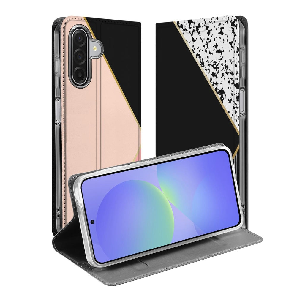 Samsung Galaxy A17 Wallet Case Black Pink Shapes design zwart roze vormen aanzicht