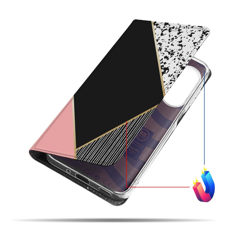 Samsung Galaxy A17 Wallet Case Black Pink Shapes design zwart roze hoeken aanzicht