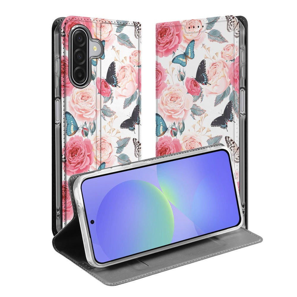 Samsung Galaxy A17 Book Case Butterfly Roses boekhoes vlinders rozen aanzicht