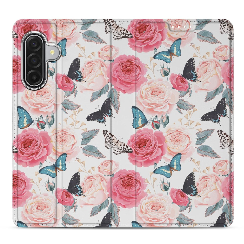 Samsung Galaxy A17 Book Case Butterfly Roses beschermhoes rozen vlinders vooraanzicht