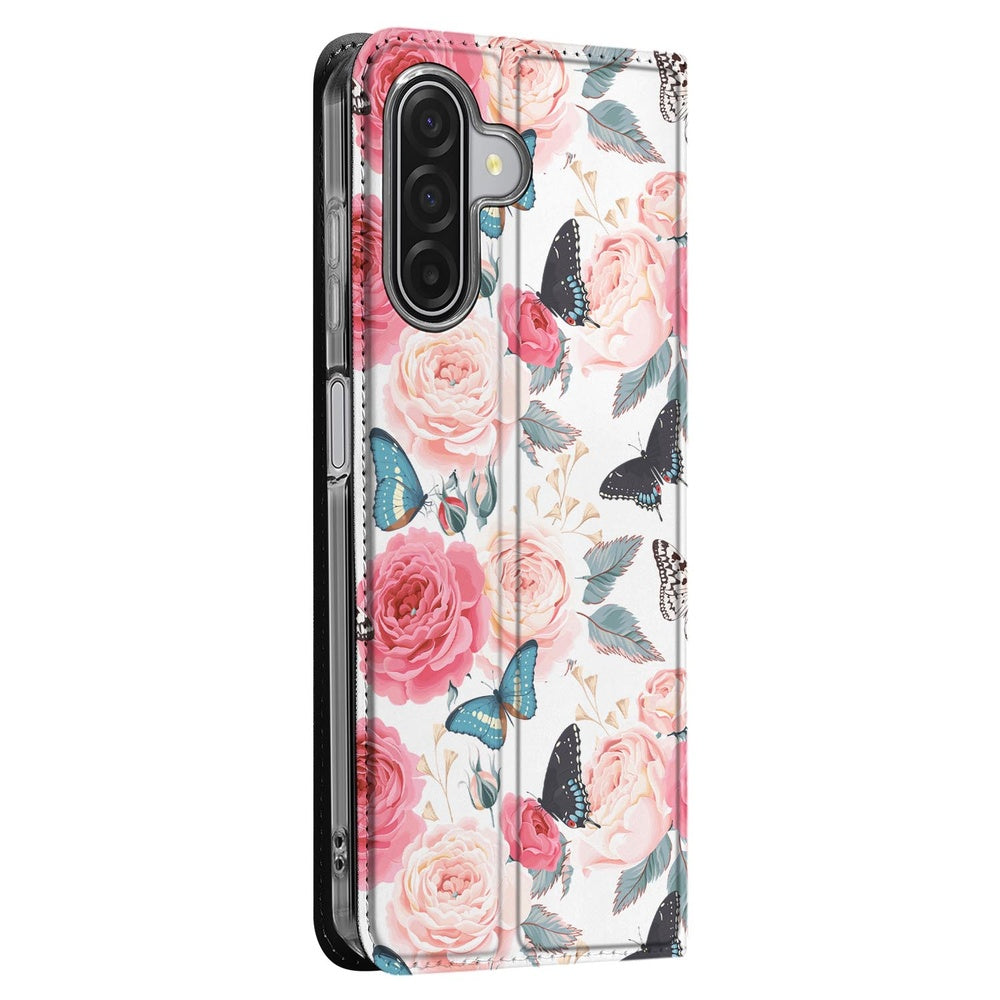 Samsung Galaxy A17 Book Case Butterfly Roses bookcase bloemen vlinders zijaanzicht