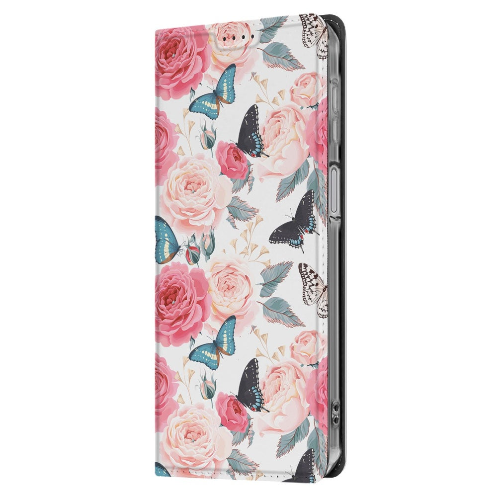 Samsung Galaxy A17 Book Case Butterfly Roses boekhoes ontwerp vlinders rozen zijaanzicht