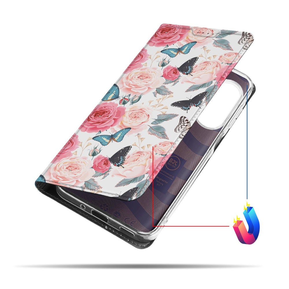 Samsung Galaxy A17 Book Case Butterfly Roses boek hoes bloemen vlinders aanzicht