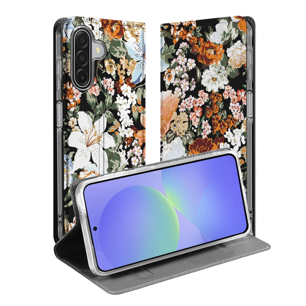 Samsung Galaxy A17 Dark Flowers Book Case ontwerp voorkant en achterkant