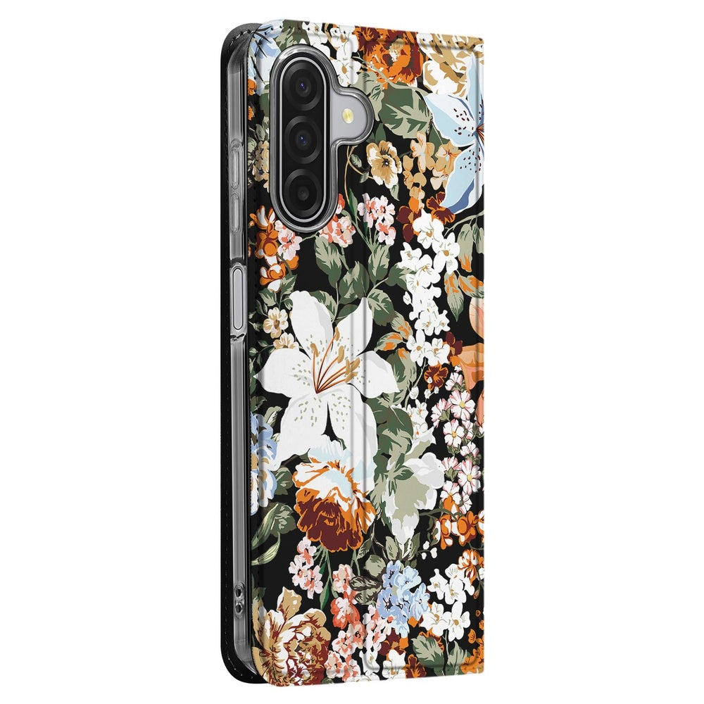 Samsung Galaxy A17 Dark Flowers Book Case zijaanzicht bloemenmotief