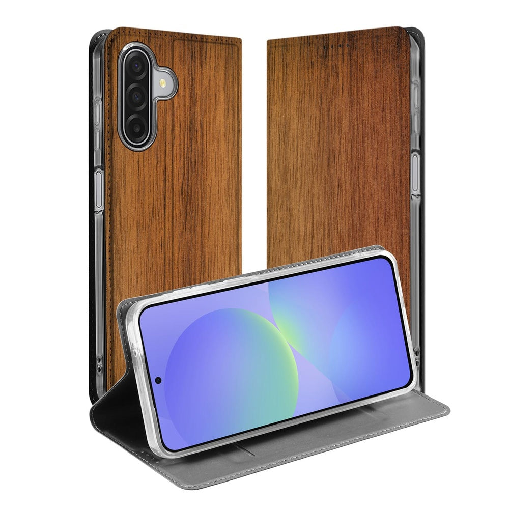 Samsung Galaxy A17 Book Wallet Case Donker Hout aanzicht binnenkant buitenkant