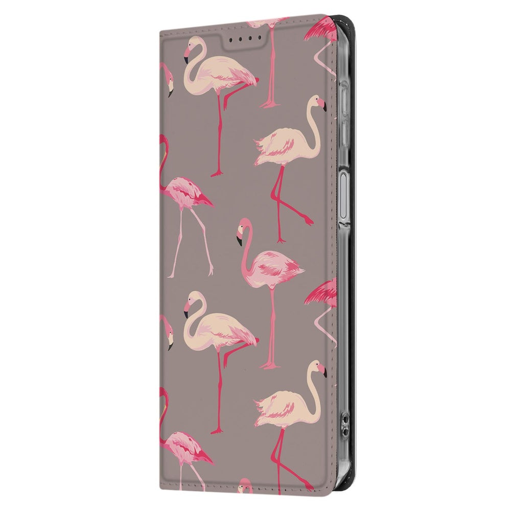 Samsung Galaxy A17 Book Wallet Case Flamingo zijaanzicht donkergrijze achtergrond met roze flamingo's
