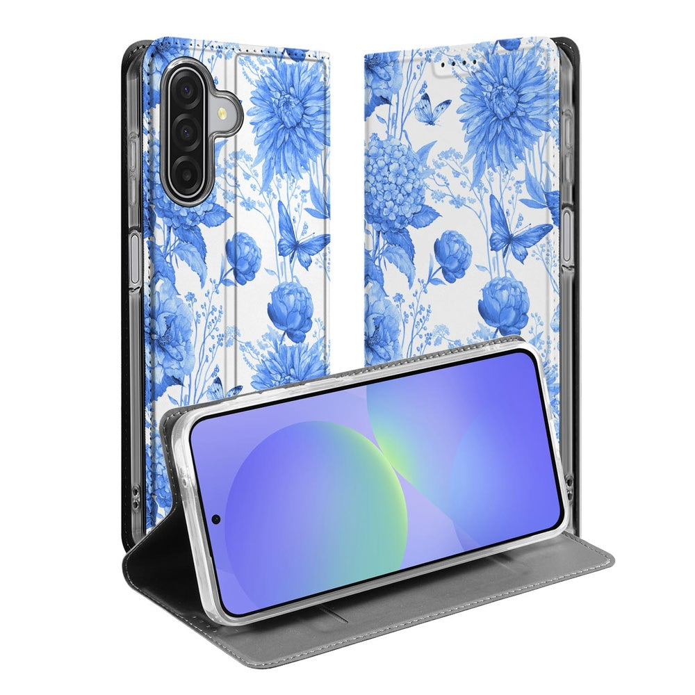 Samsung Galaxy A17 Flowers Blue Telefoonhoesje met pashouder design blauwe bloemen aanzicht