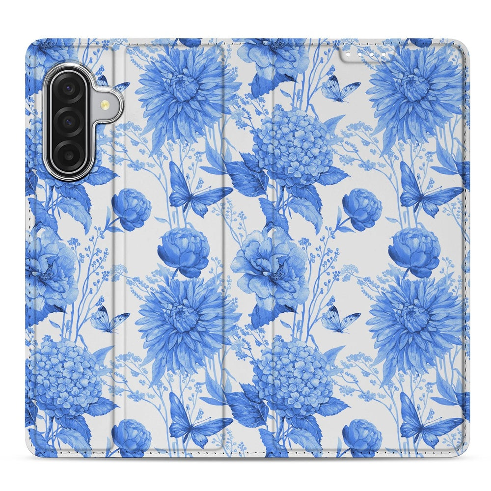 Samsung Galaxy A17 Flowers Blue Telefoonhoesje met pashouder bloemenpatroon achterzijde