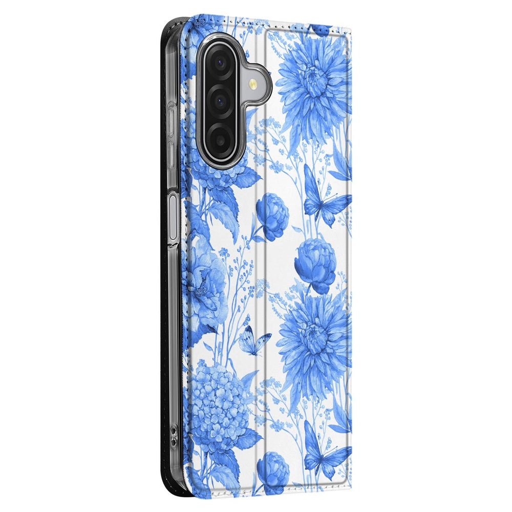 Samsung Galaxy A17 Flowers Blue Telefoonhoesje met pashouder design blauwe bloemen aanzicht