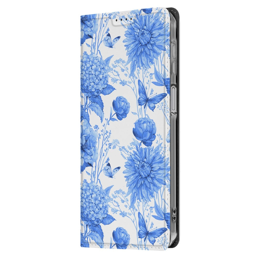 Samsung Galaxy A17 Flowers Blue Telefoonhoesje met pashouder bloemen blauw zijkant