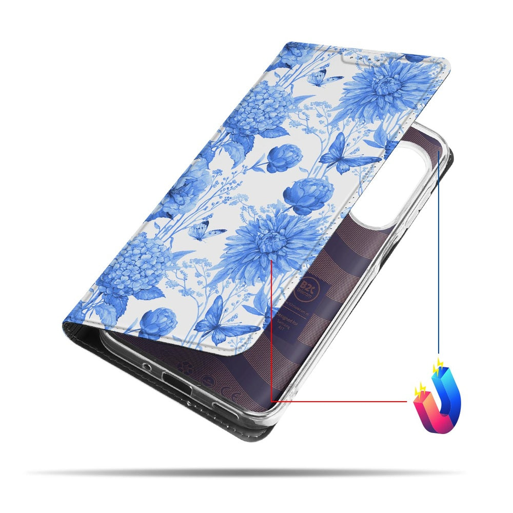 Samsung Galaxy A17 Flowers Blue Telefoonhoesje met pashouder bloemen design aanzicht