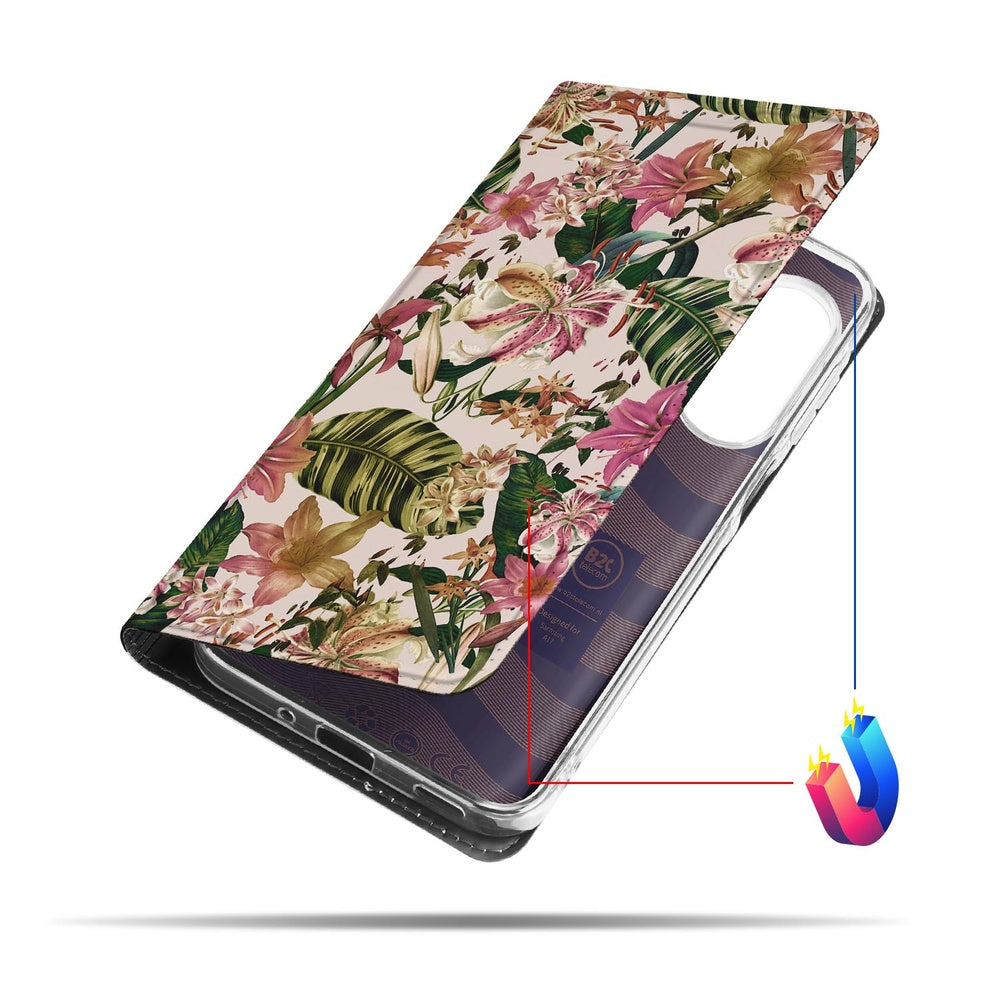 Samsung Galaxy A17 Book Cover Flowers boekhoes bloemen paarswitte bladeren aanzicht