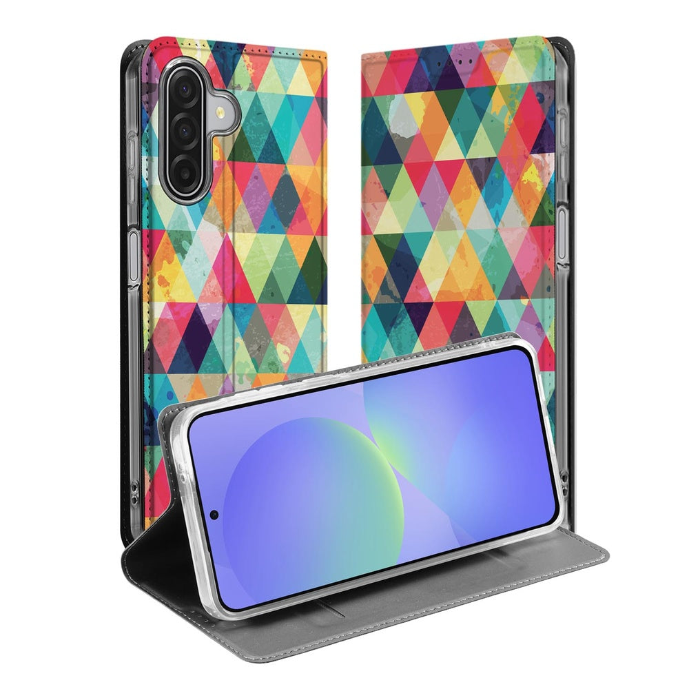 Samsung Galaxy A17 Flip Style Cover Geruit kleurrijk geometrisch ontwerp open voorkant