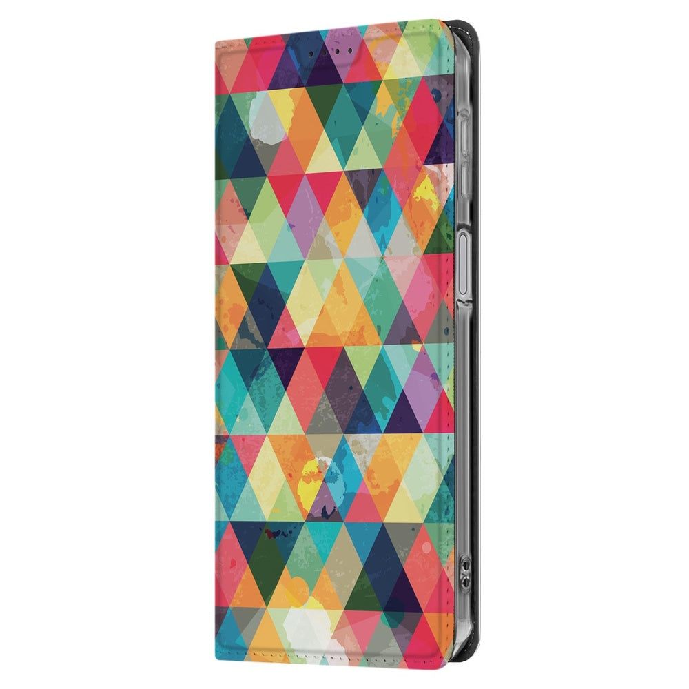 Samsung Galaxy A17 Flip Style Cover Geruit geometrisch kleurrijk design aanzicht