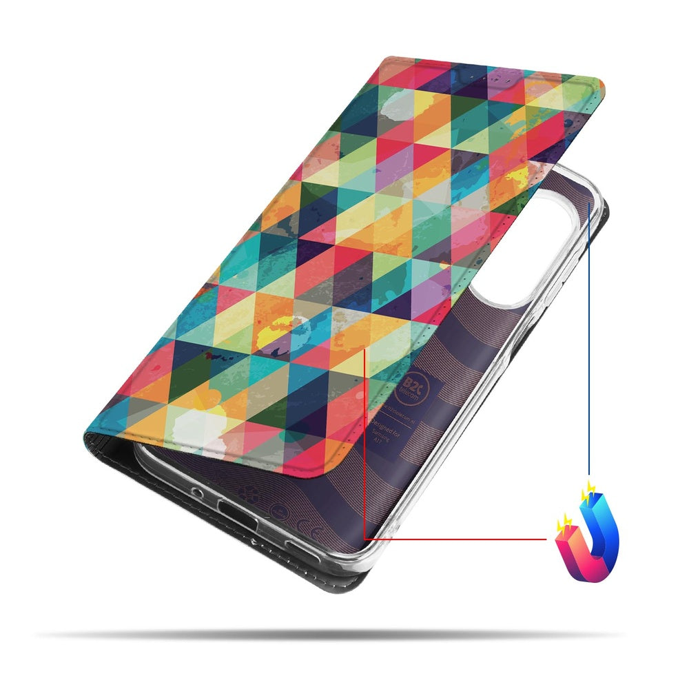 Samsung Galaxy A17 Flip Style Cover Geruit telefoonhoesje kleurrijk geruit ontwerp aanzicht