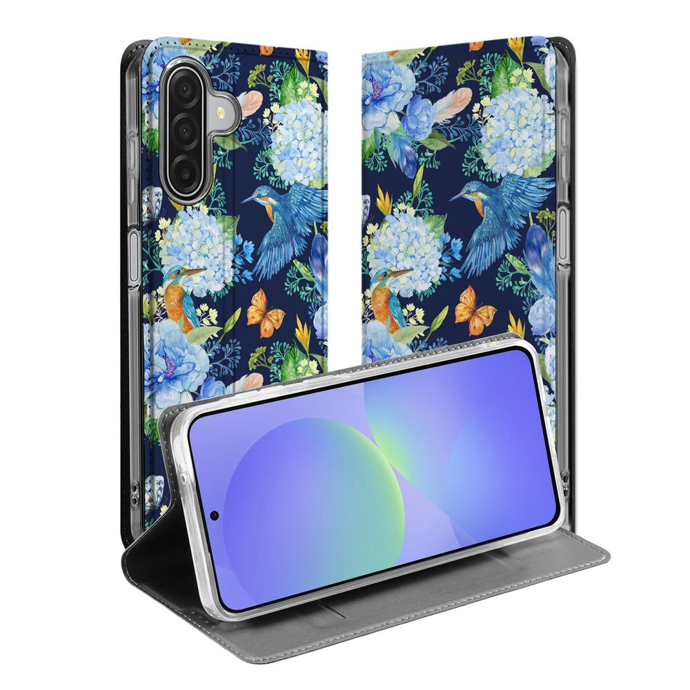 Wallet Case Samsung Galaxy A17 IJsvogel design bloemen en vogels aanzicht