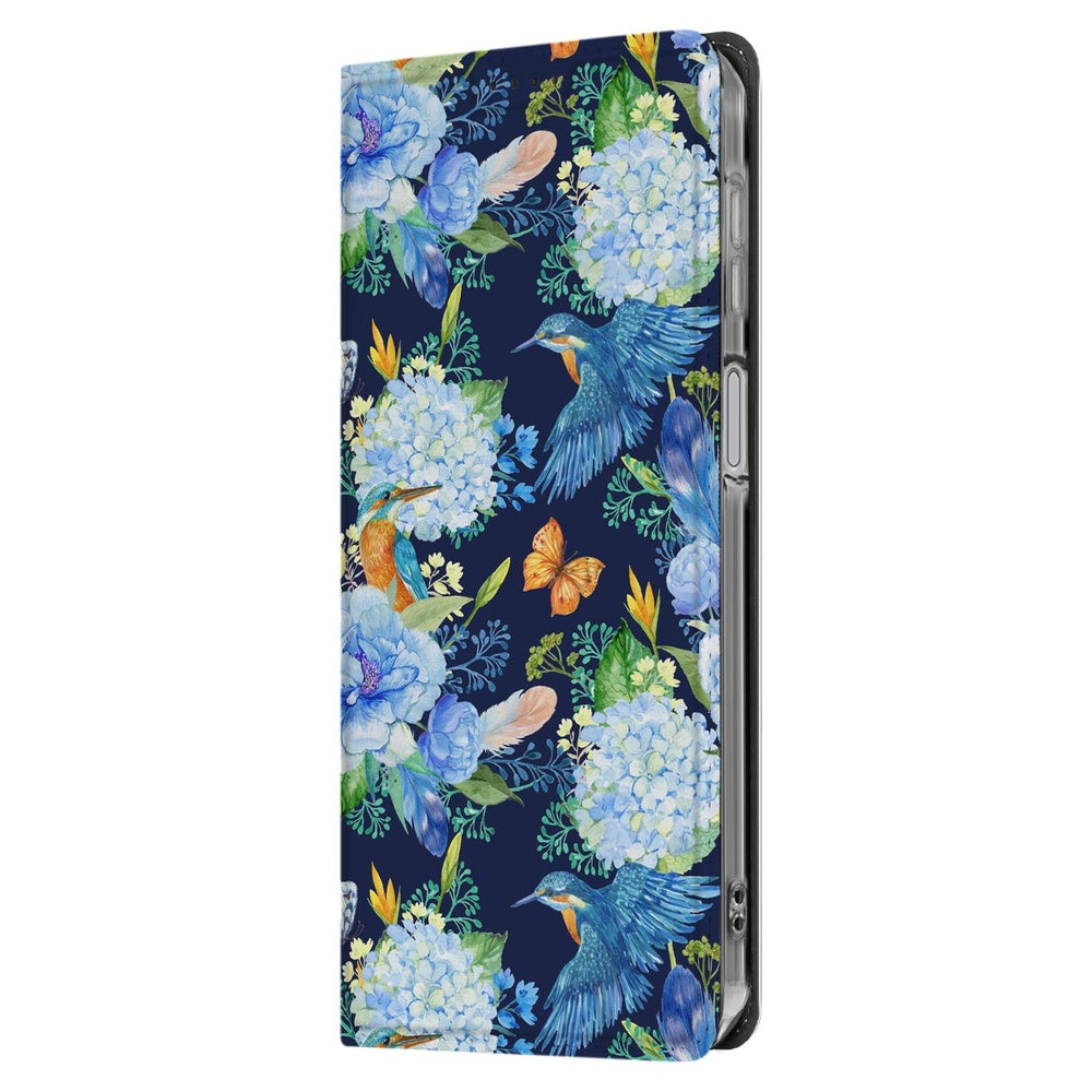 Wallet Case Samsung Galaxy A17 IJsvogel designnaam bloemen aanzicht