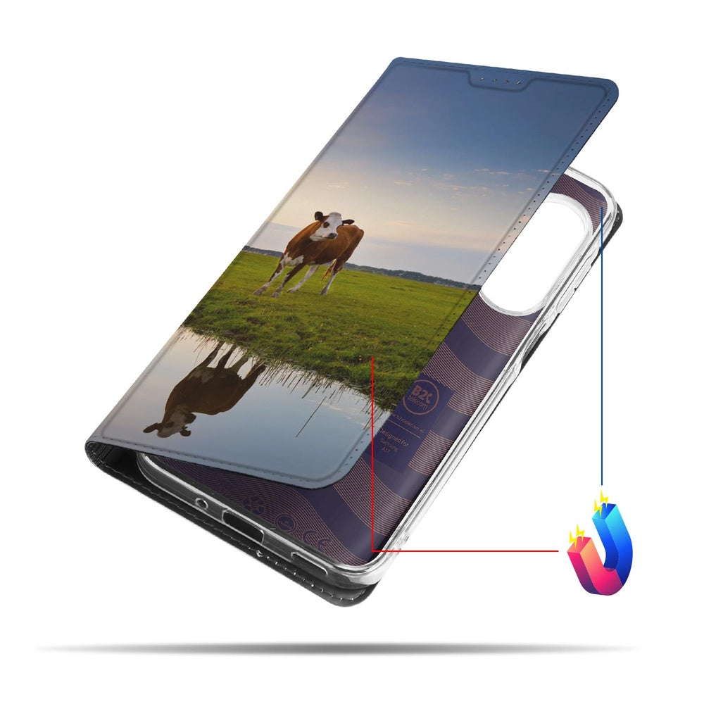 Samsung Galaxy A17 Flip Style Cover Koe design grazende koeien ondergang zon aanzicht