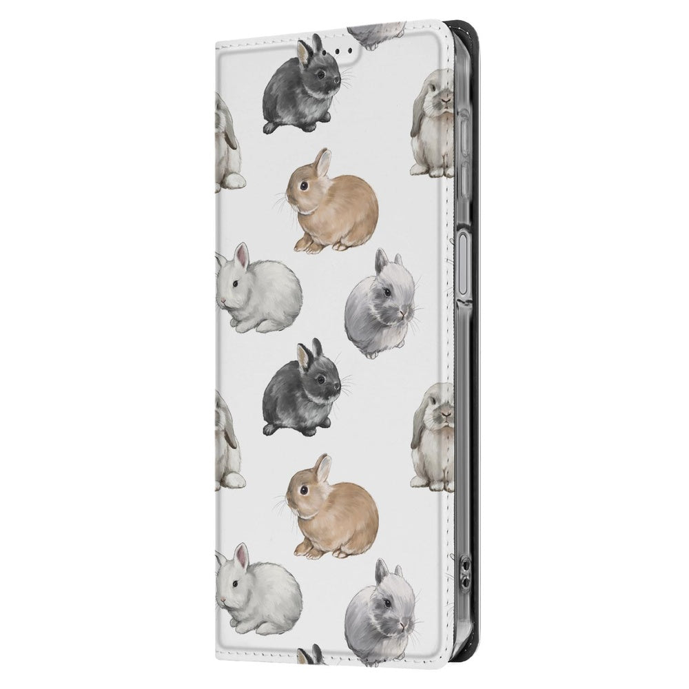 Samsung Galaxy A17 Book Case Konijntjes zijaanzicht met schattige konijntjespatroon