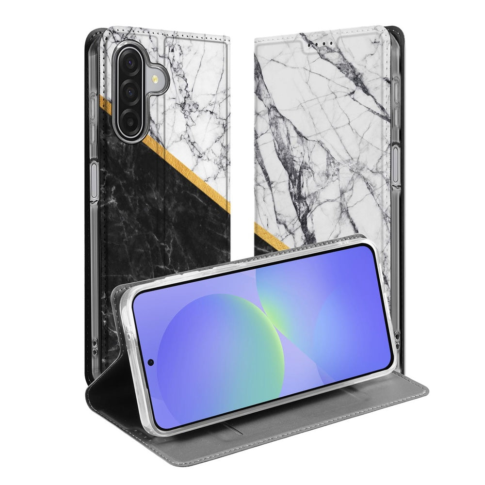Samsung Galaxy A17 telefoonhoesje met magneet Marble White Black book case aanzicht