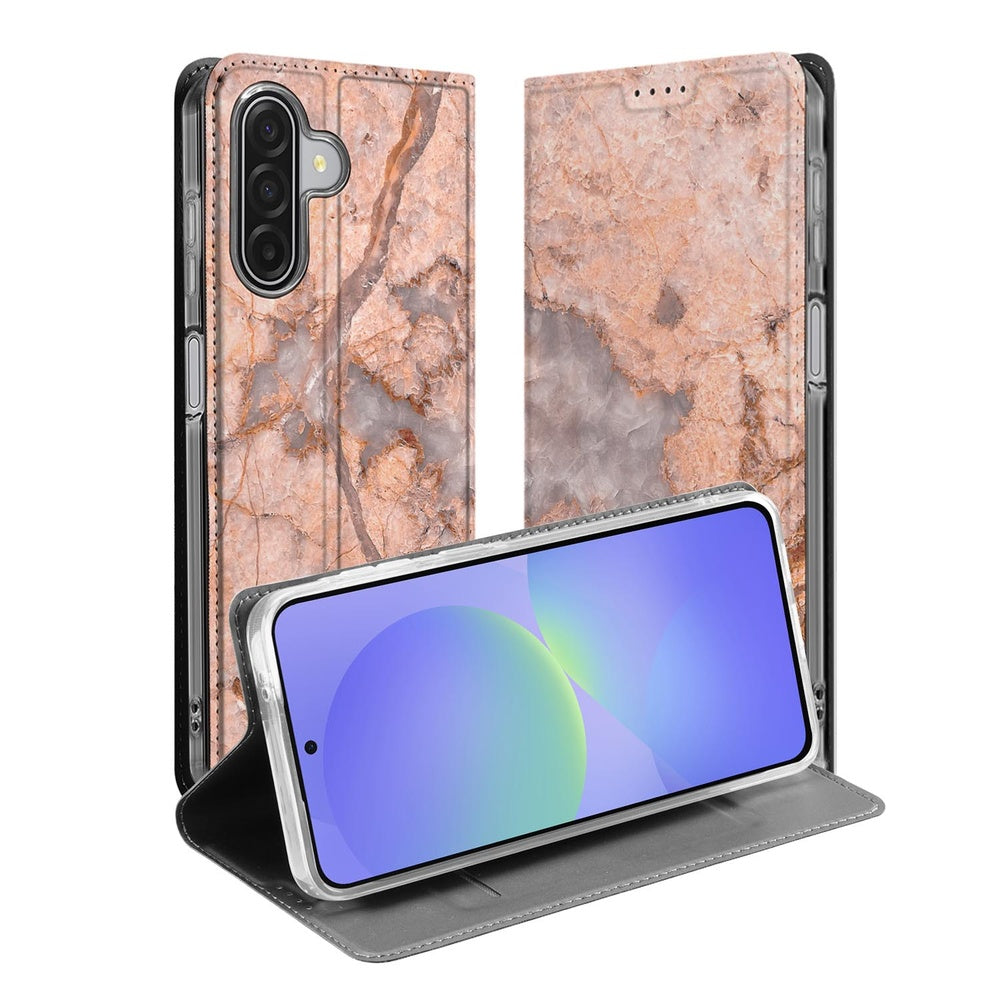 Samsung Galaxy A17 Telefoonhoesje met pashouder Marmer Oranje vooraanzicht en achteraanzicht