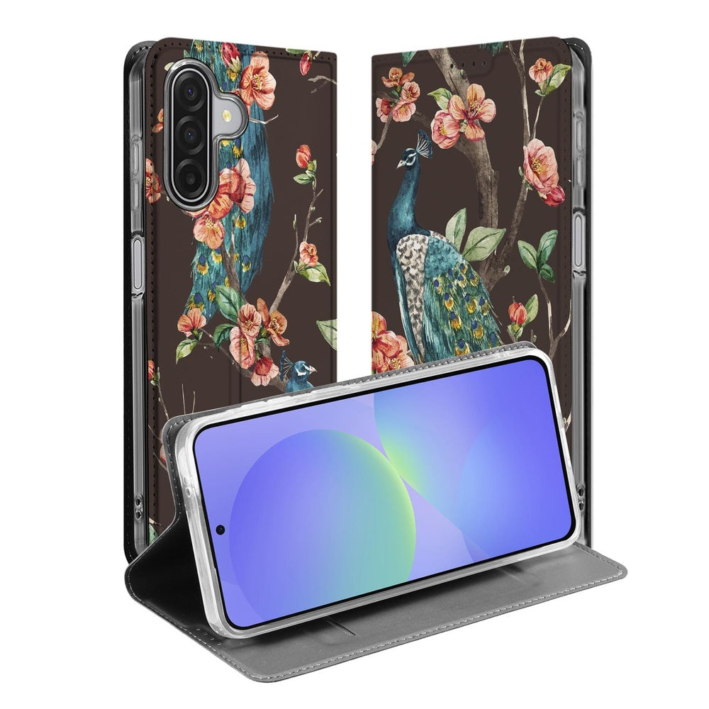 Wallet Case Samsung Galaxy A17 Pauw met Bloemen book case voorzijde zijaanzicht