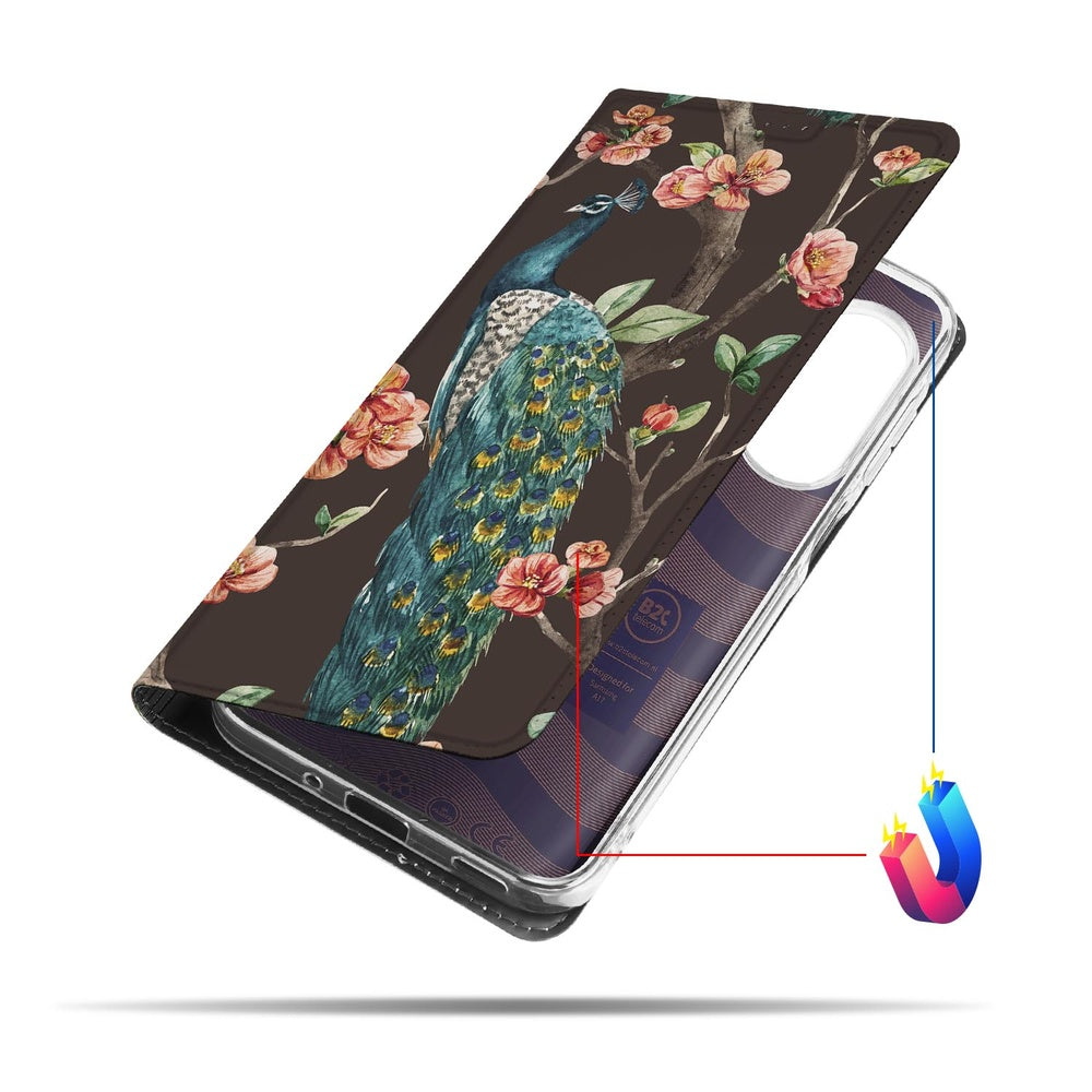 Wallet Case Samsung Galaxy A17 Pauw met Bloemen design boek case aanzicht