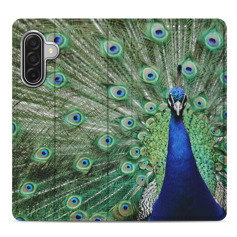 Samsung Galaxy A17 Stand Case Hoesje Pauw pauwenprint groen blauw vooraanzicht