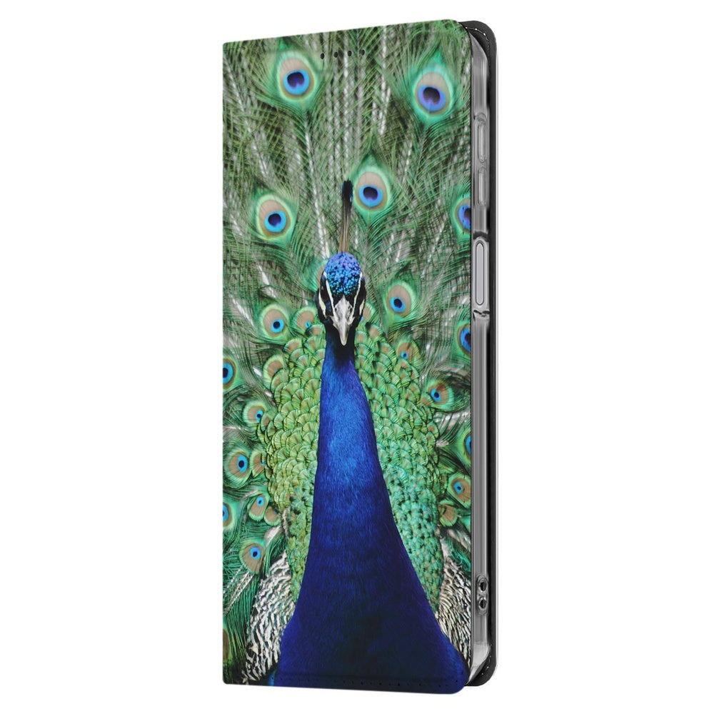 Samsung Galaxy A17 Stand Case Hoesje Pauw pauwenprint groen blauw zijkant