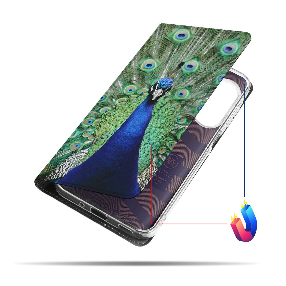 Samsung Galaxy A17 Stand Case Hoesje Pauw pauwenprint groen blauw zijaanzicht