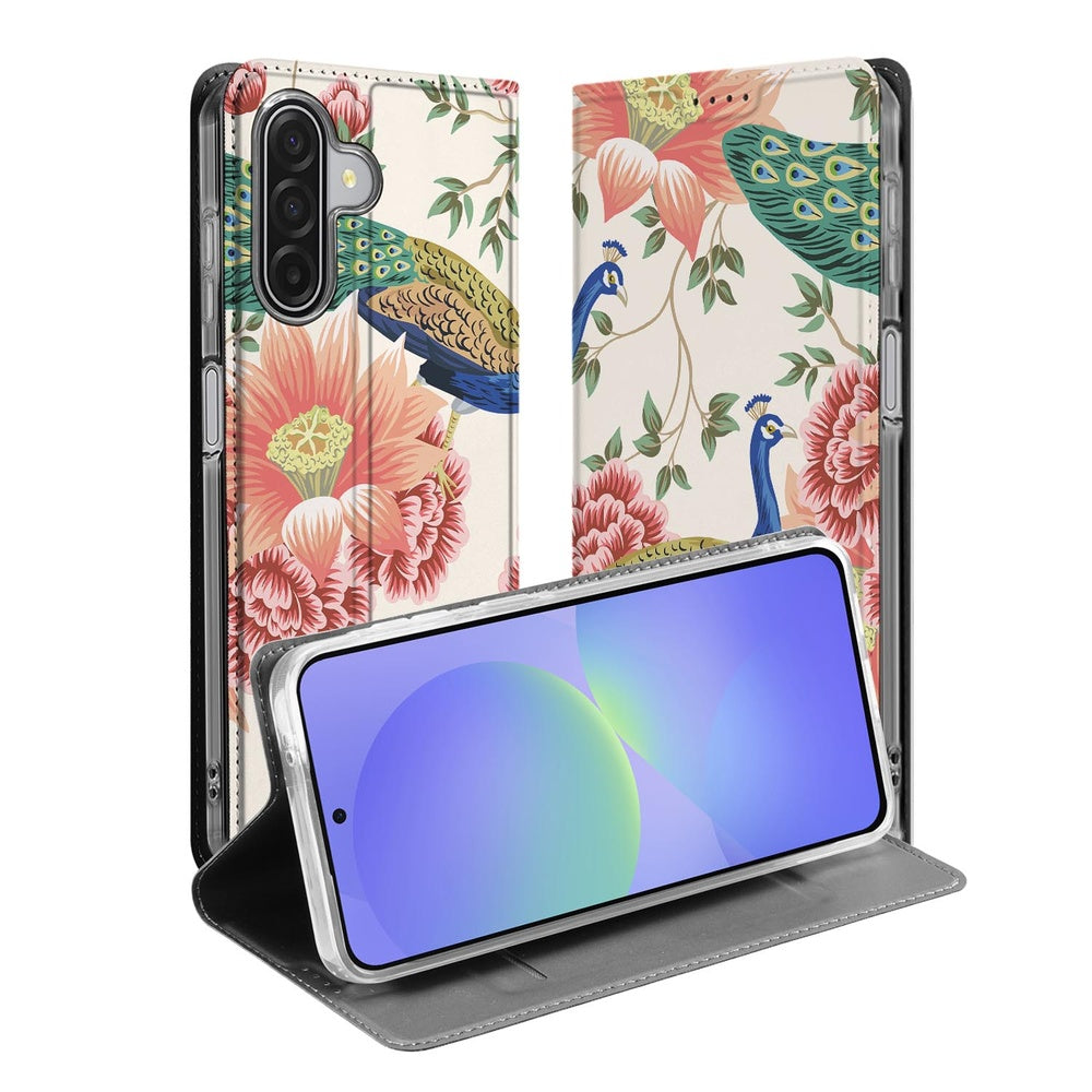 Pink Peacock Telefoonhoesje Samsung Galaxy A17 book case aanzicht pauwen bloemmotieven