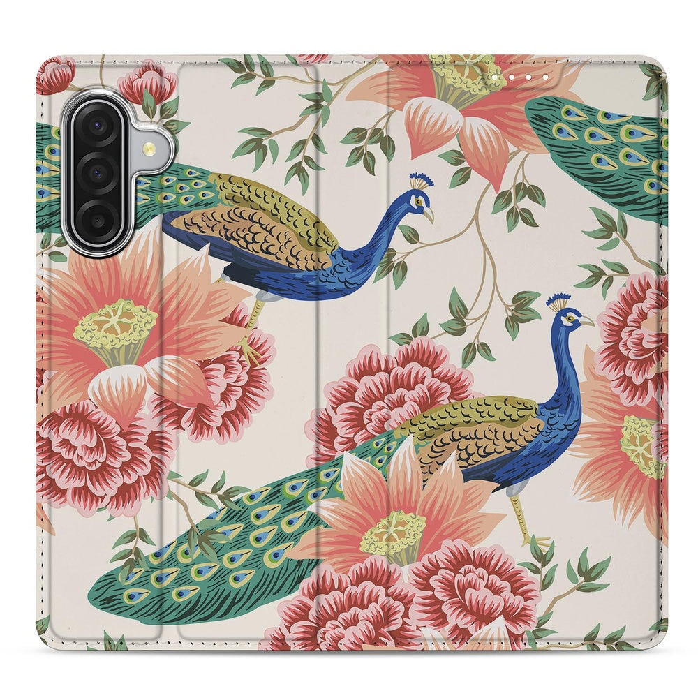 Pink Peacock Telefoonhoesje Samsung Galaxy A17 Book Case pauwen bloemen design voorkant