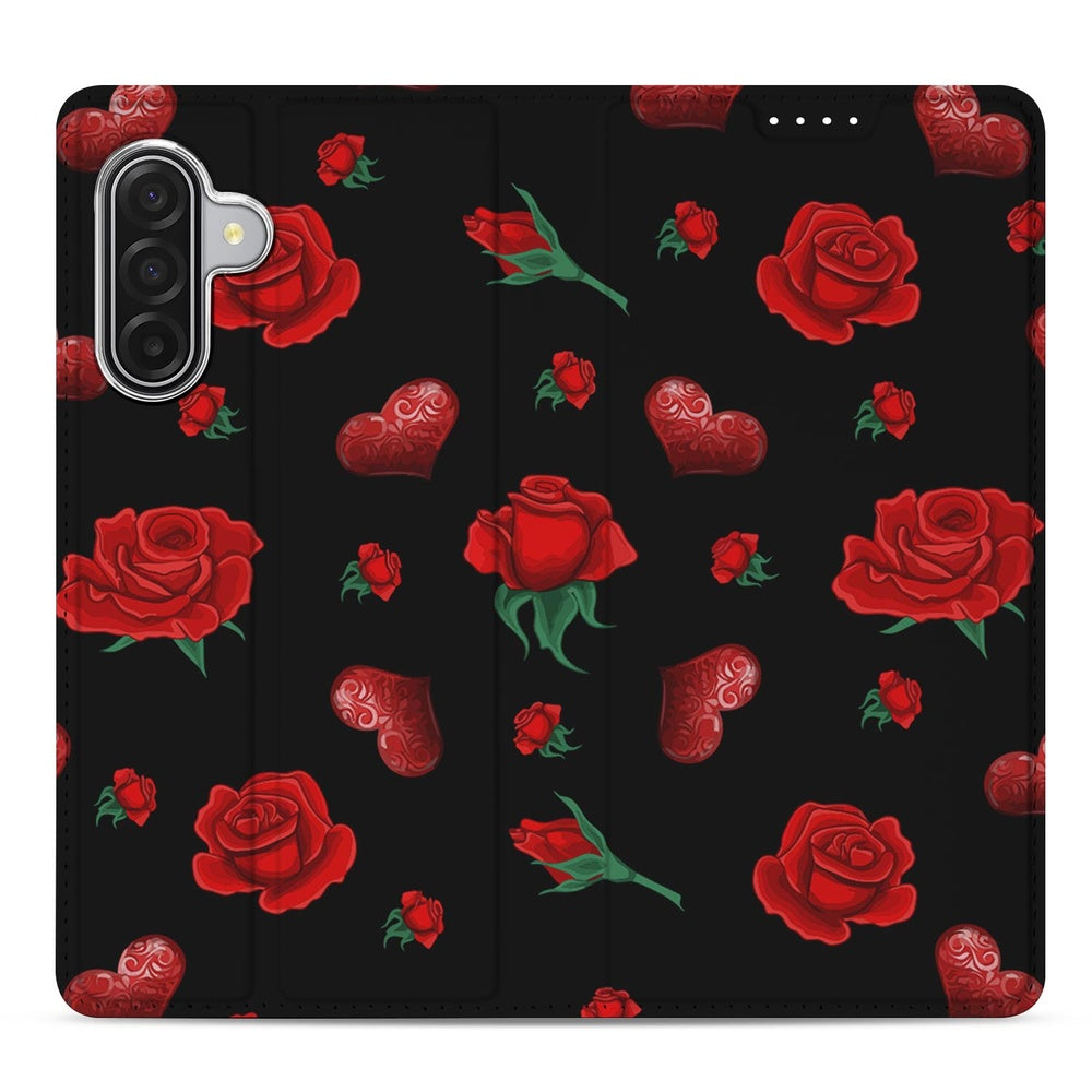 Samsung Galaxy A17 Stand Case Hoesje Valentine bloemen hartjes zwart