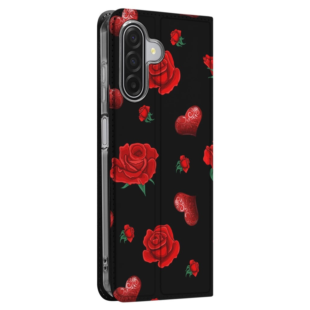 Samsung Galaxy A17 Stand Case Hoesje Valentine bloemen hart zwart