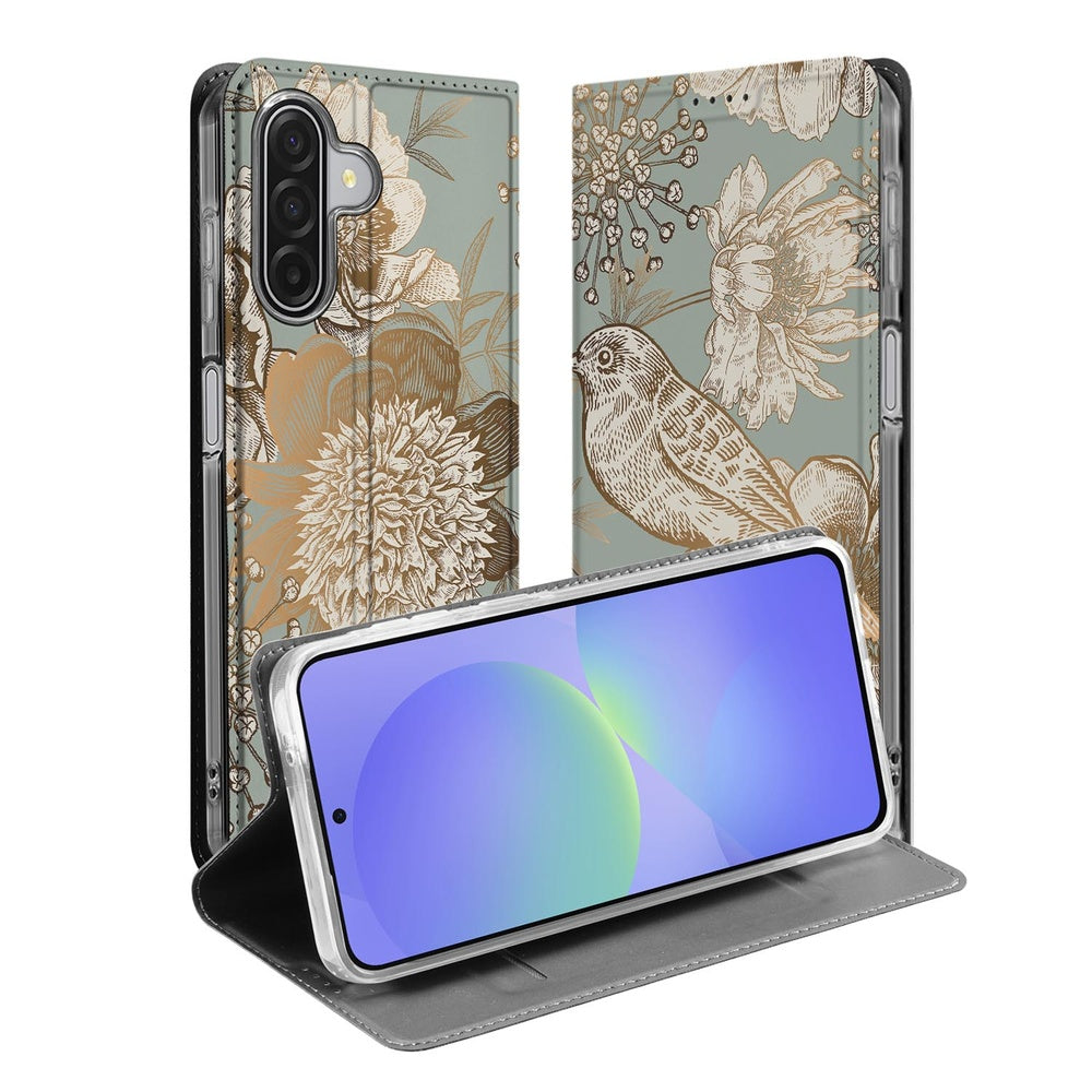 Samsung Galaxy A17 Vintage Bird Flowers Telefoonhoesje met magneet design voorzijde
