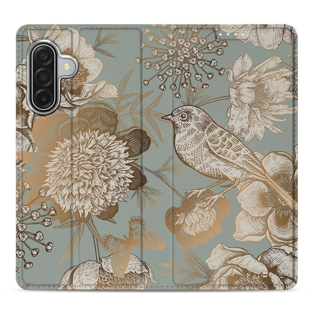 Samsung Galaxy A17 Vintage Bird Flowers Telefoonhoesje met magneet voorzijde