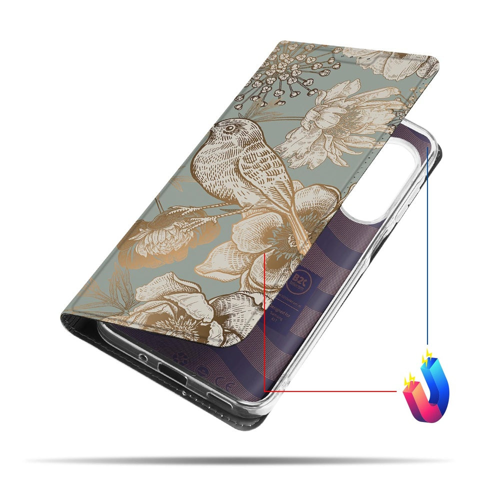Samsung Galaxy A17 Vintage Bird Flowers Telefoonhoesje met magneet voorkant