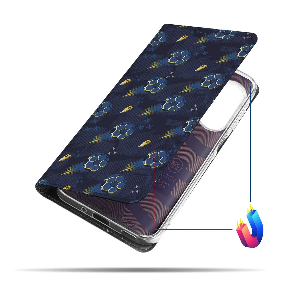 Samsung Galaxy A17 Voetbal Smart Cover Hoesje voetbalontwerp donkerblauw aanzicht