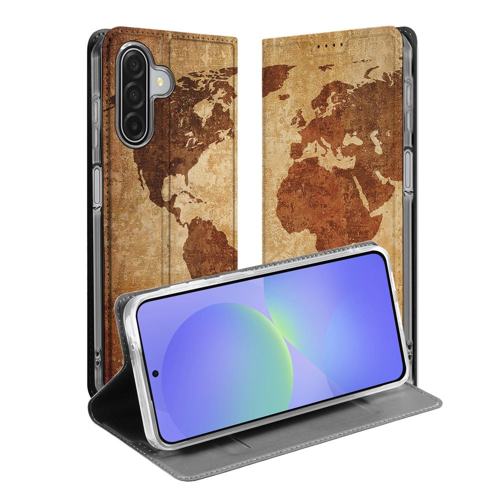 Telefoonhoesje Samsung Galaxy A17 Wereldkaart boekhoes wereldkaart design vooraanzicht