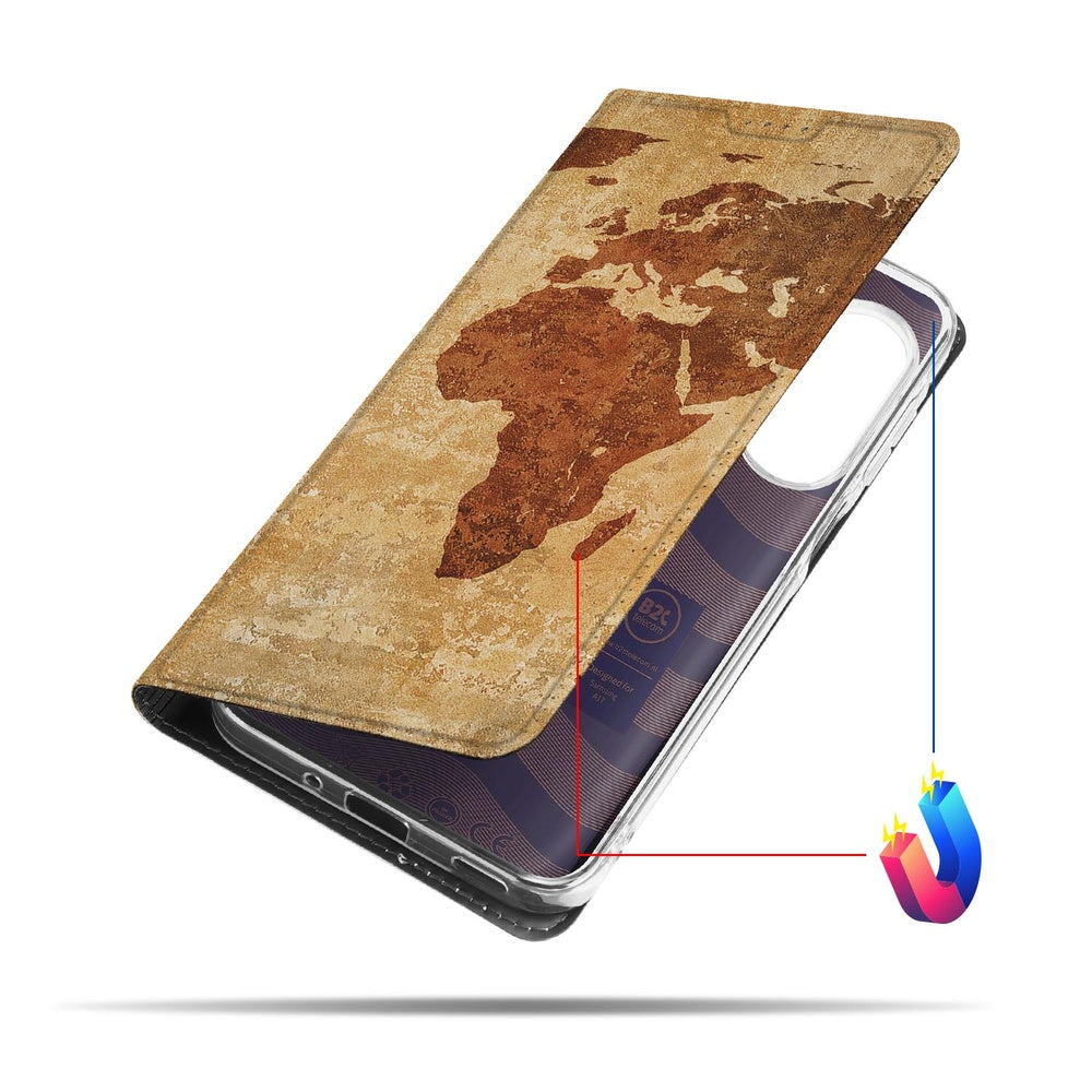 Samsung Galaxy A17 Telefoonhoesje Wereldkaart boekhoes bruin