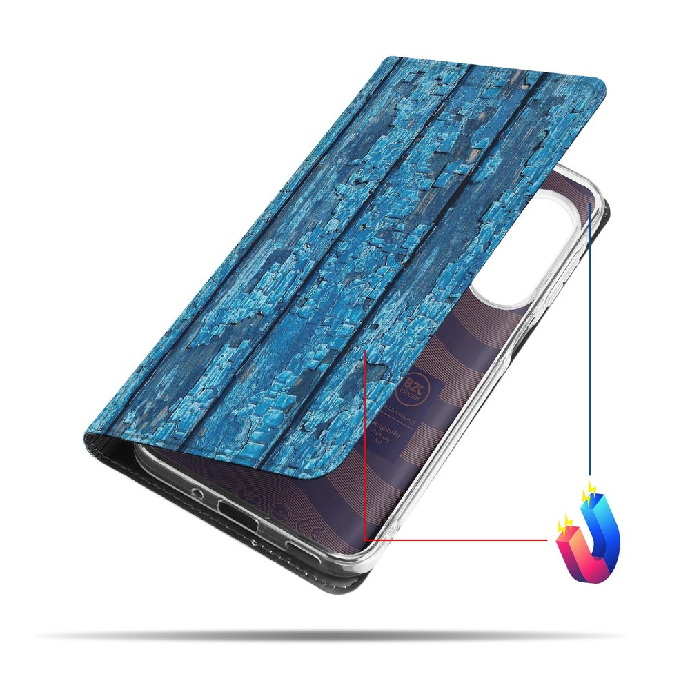 Standcase Hoesje Samsung Galaxy A17 Wood Blue design blauw hout aanzicht