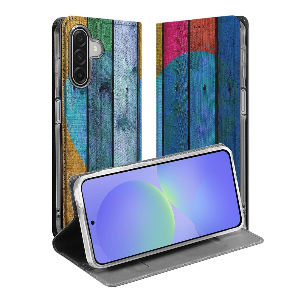 Samsung Galaxy A17 Smart Cover Hoesje Wood Heart open zijaanzicht kleurrijk houten planken design