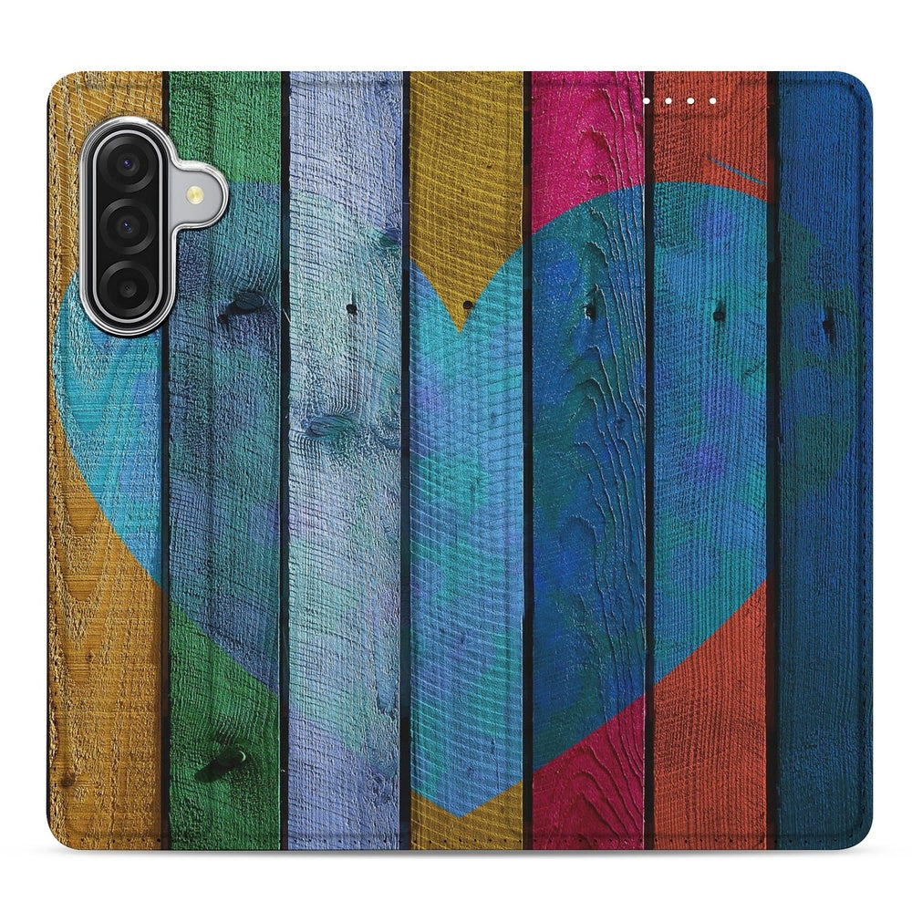 Samsung Galaxy A17 Smart Cover Hoesje Wood Heart houten planken kleurrijk hartje