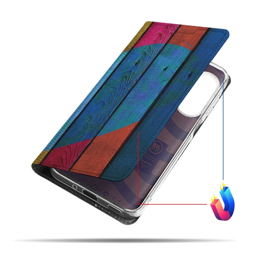 Smart Cover Hoesje Samsung Galaxy A17 Wood Heart book case kleurrijk houten planken aanzicht
