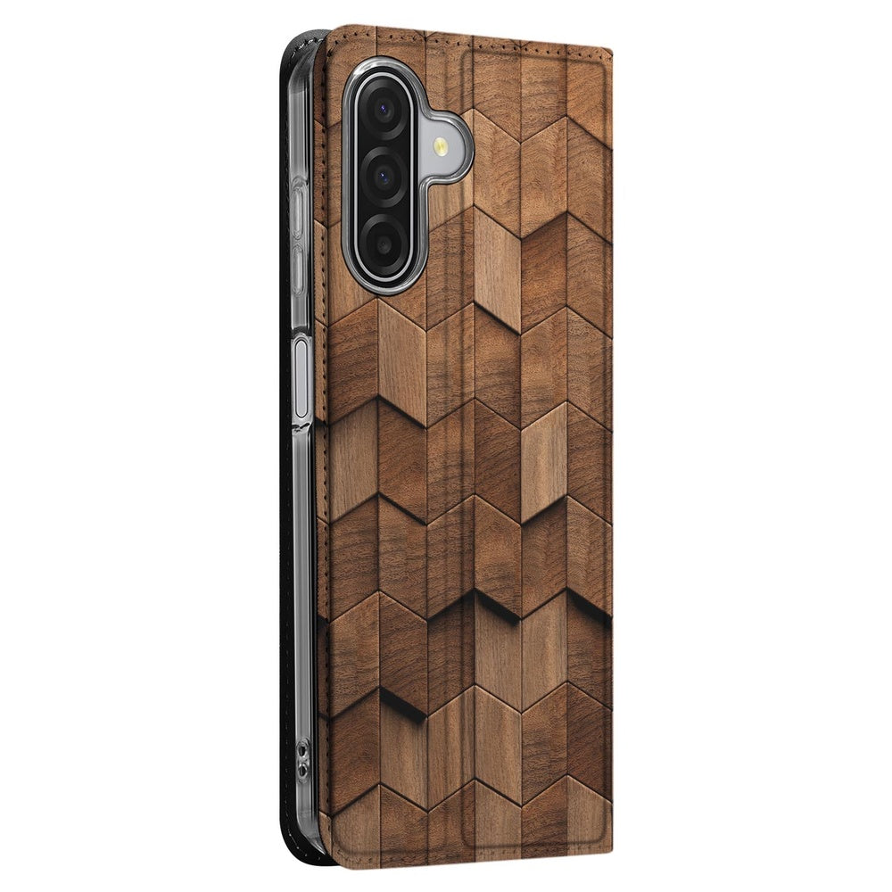 Samsung Galaxy A17 Wooden Cubes Book Wallet Case zijaanzicht hexagonaal hout ontwerp