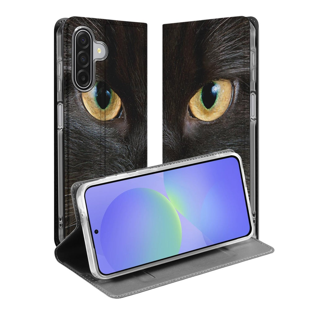 Samsung Galaxy A17 Telefoonhoesje met magneet Zwarte Kat book case voor aanzicht met ogen